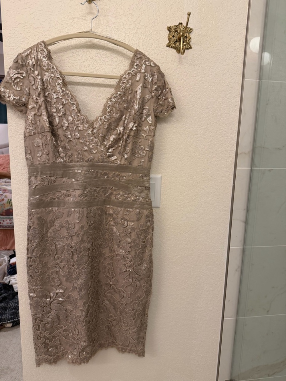 Tadashi Shoji Taupe Embroidered V-Neck Midi Dress